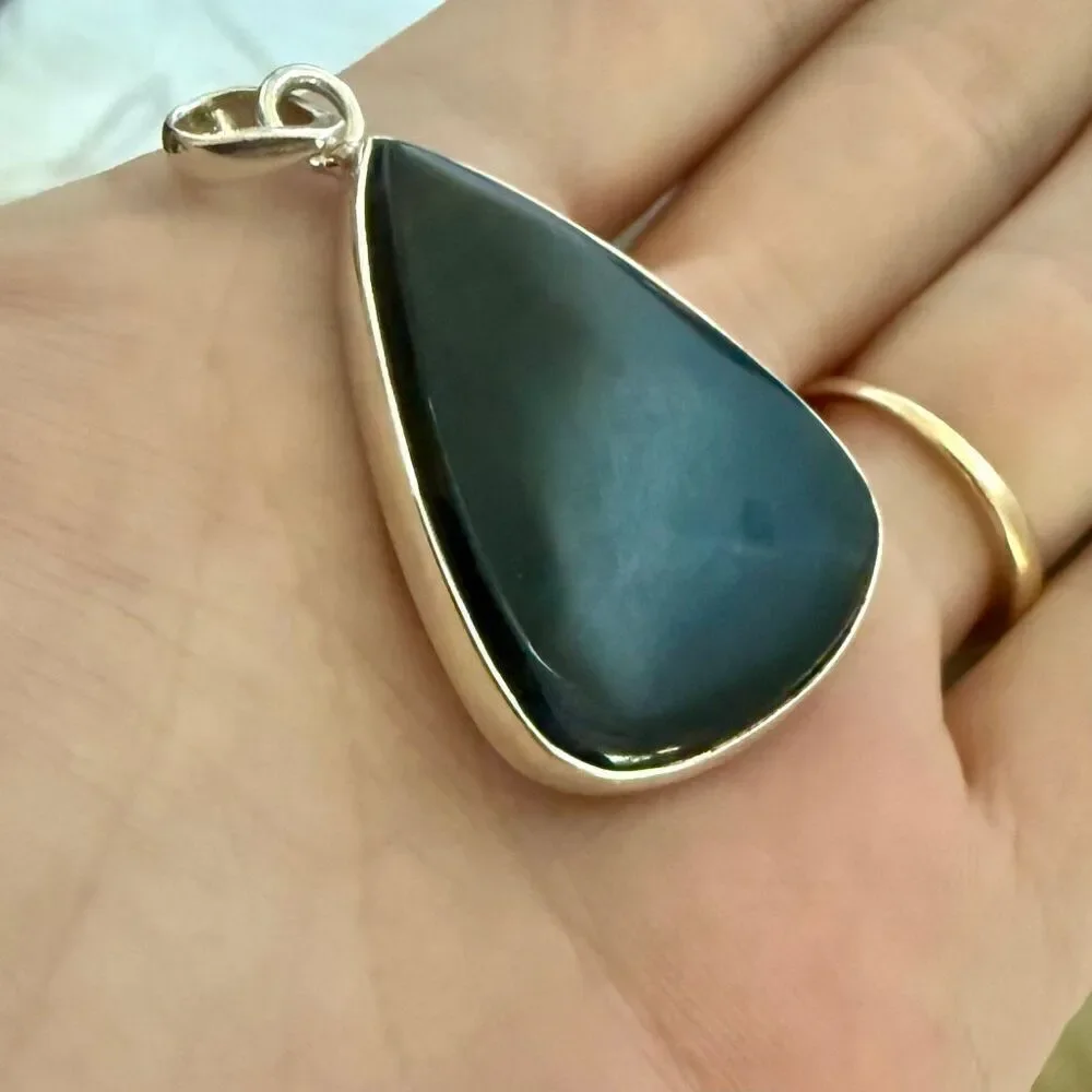 RARE Black Cat's Eye Pendant Necklace | Sterling Silver Teardrop Cabochon Stone